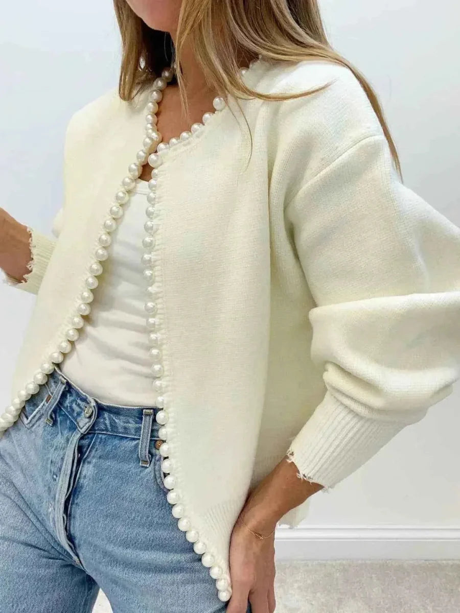 Relvara | Damen Strickjacke mit Perlenbesatz - Cream - Image 3