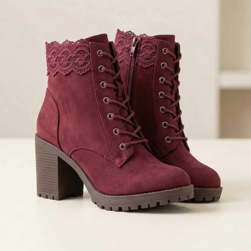 Relvonde | Damen Stiefeletten mit Spitzenbesatz &amp; Blockabsatz - Burgundy - Image 1