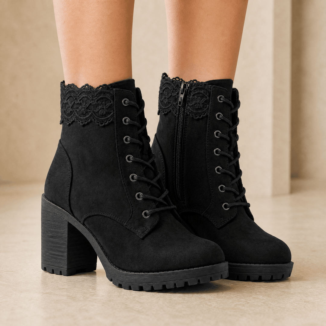 Relvonde | Damen Stiefeletten mit Spitzenbesatz &amp; Blockabsatz - Burgundy - Image 2