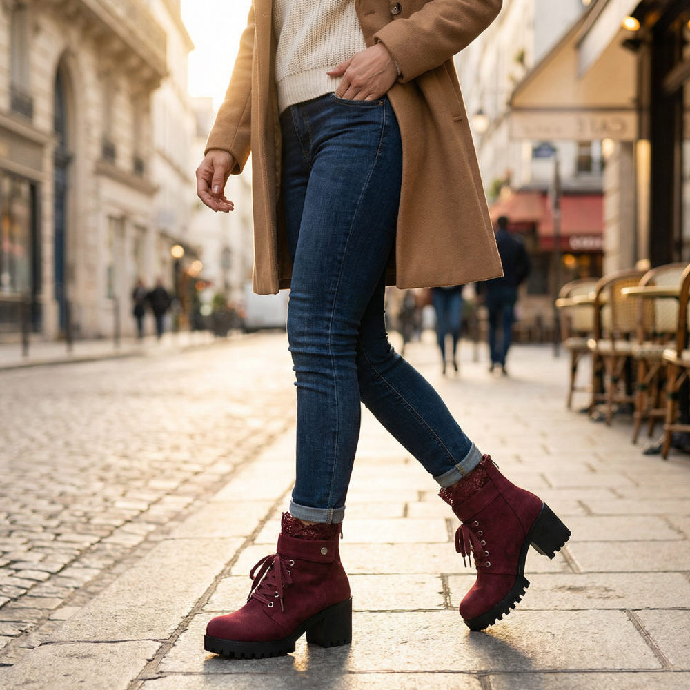 Relvonde | Damen Stiefeletten mit Spitzenbesatz &amp; Blockabsatz - Burgundy - Image 3