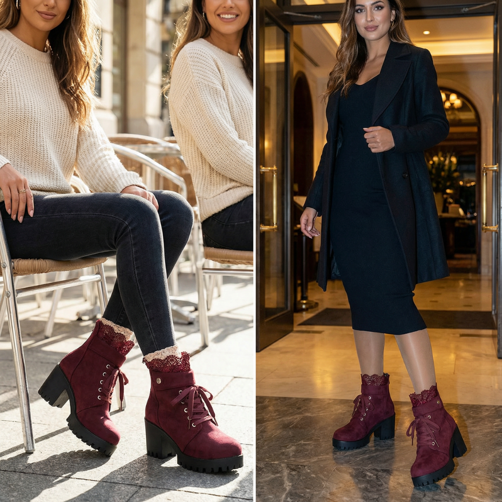 Relvonde | Damen Stiefeletten mit Spitzenbesatz &amp; Blockabsatz - Burgundy - Image 4