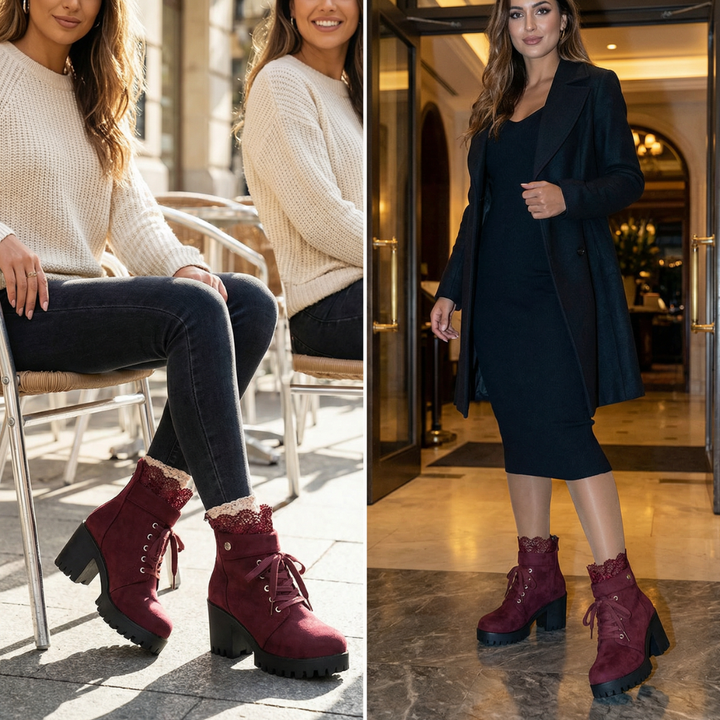 Relvonde | Damen Stiefeletten mit Spitzenbesatz &amp; Blockabsatz - Burgundy - Image 4