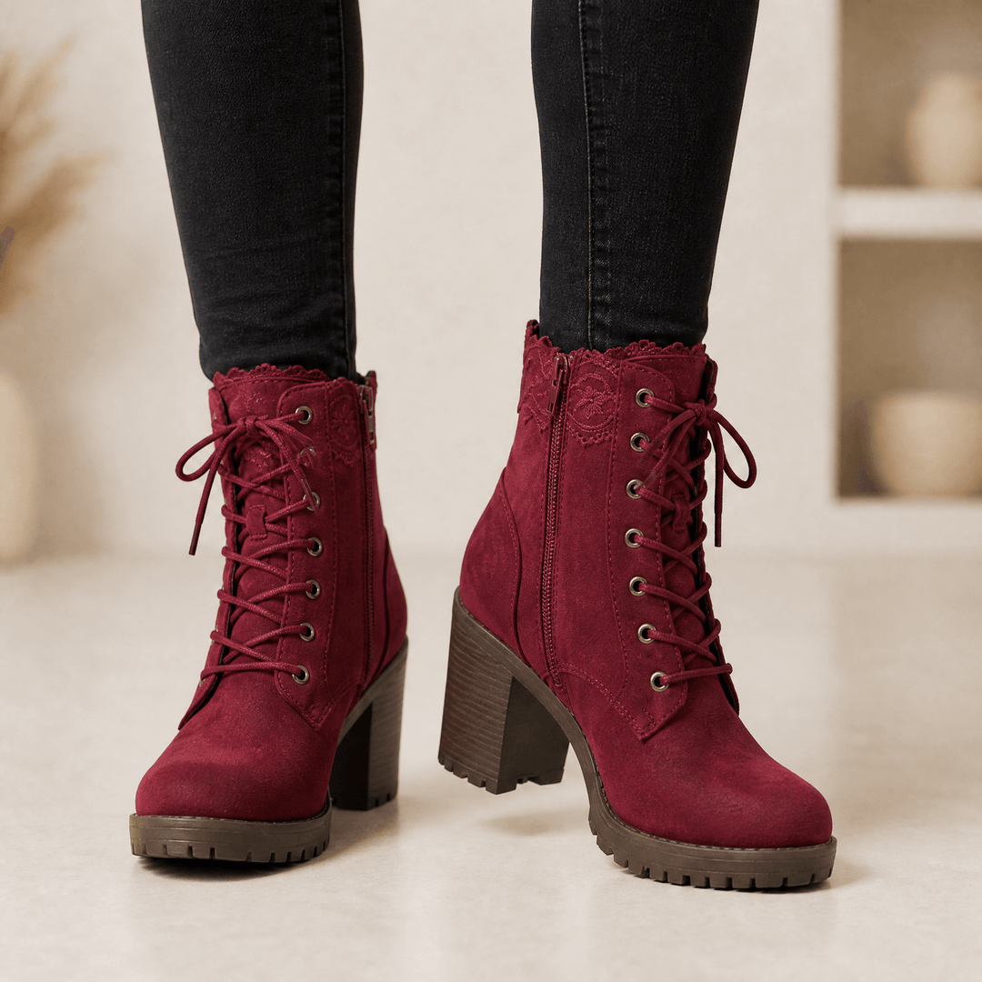 Relvonde | Damen Stiefeletten mit Spitzenbesatz &amp; Blockabsatz - Burgundy - Image 5