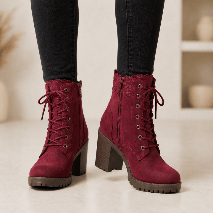 Relvonde | Damen Stiefeletten mit Spitzenbesatz &amp; Blockabsatz - Burgundy - Image 5