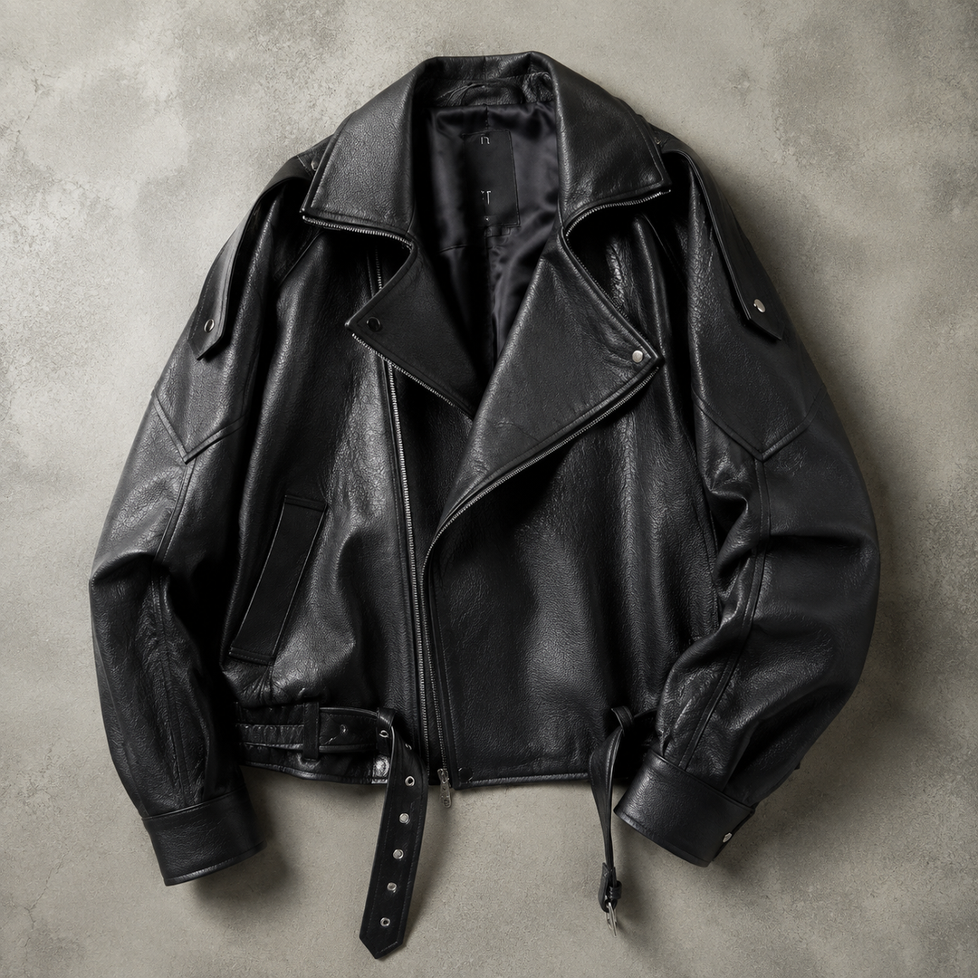 Rendall | Herren Oversize Bikerjacke Kunstleder - Black - Image 1