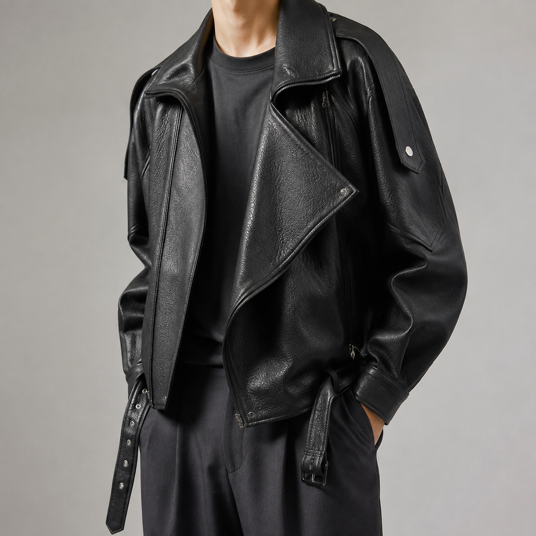 Rendall | Herren Oversize Bikerjacke Kunstleder - Black - Image 3