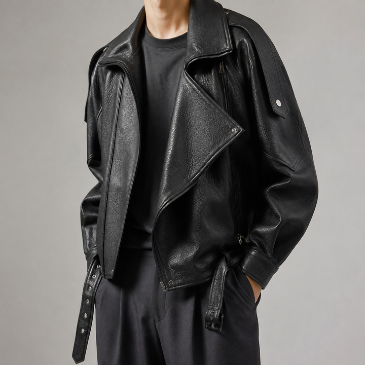 Rendall | Herren Oversize Bikerjacke Kunstleder - Black - Image 3