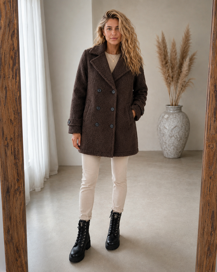 Rendvika | Damen Winterjacke Bouclé Mantel Gefüttert - Dark Brown - Image 2