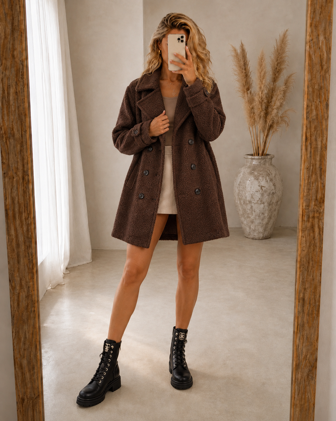 Rendvika | Damen Winterjacke Bouclé Mantel Gefüttert - Dark Brown - Image 3
