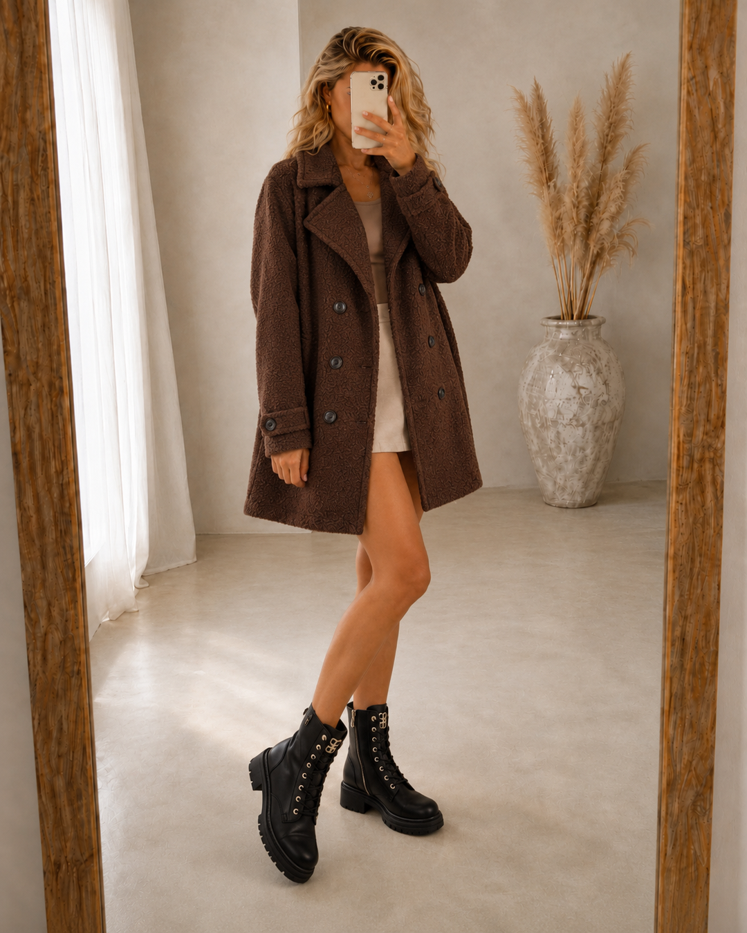 Rendvika | Damen Winterjacke Bouclé Mantel Gefüttert - Dark Brown - Image 5