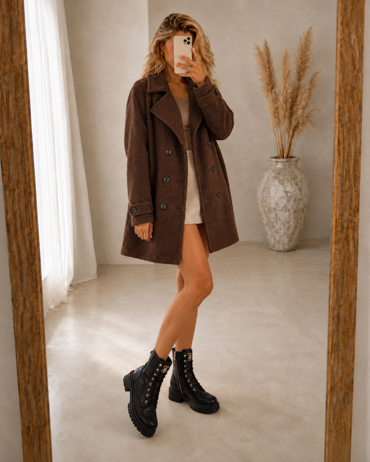 Rendvika | Damen Winterjacke Bouclé Mantel Gefüttert - Dark Brown - Image 5