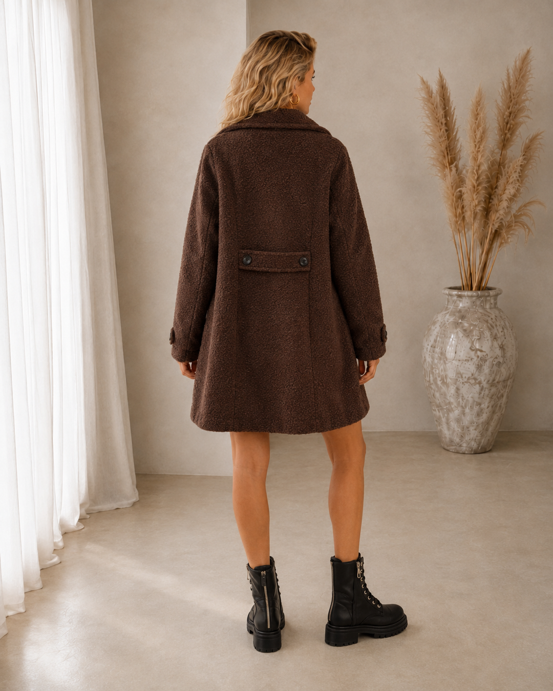 Rendvika | Damen Winterjacke Bouclé Mantel Gefüttert - Dark Brown - Image 6