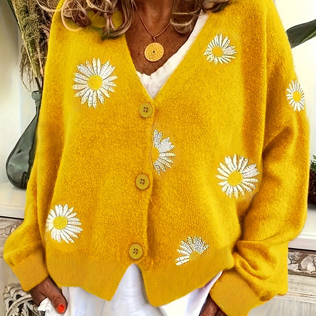 Rolvane | Damen Strickjacke mit Gänseblümchen-Stickerei - Green - Image 16