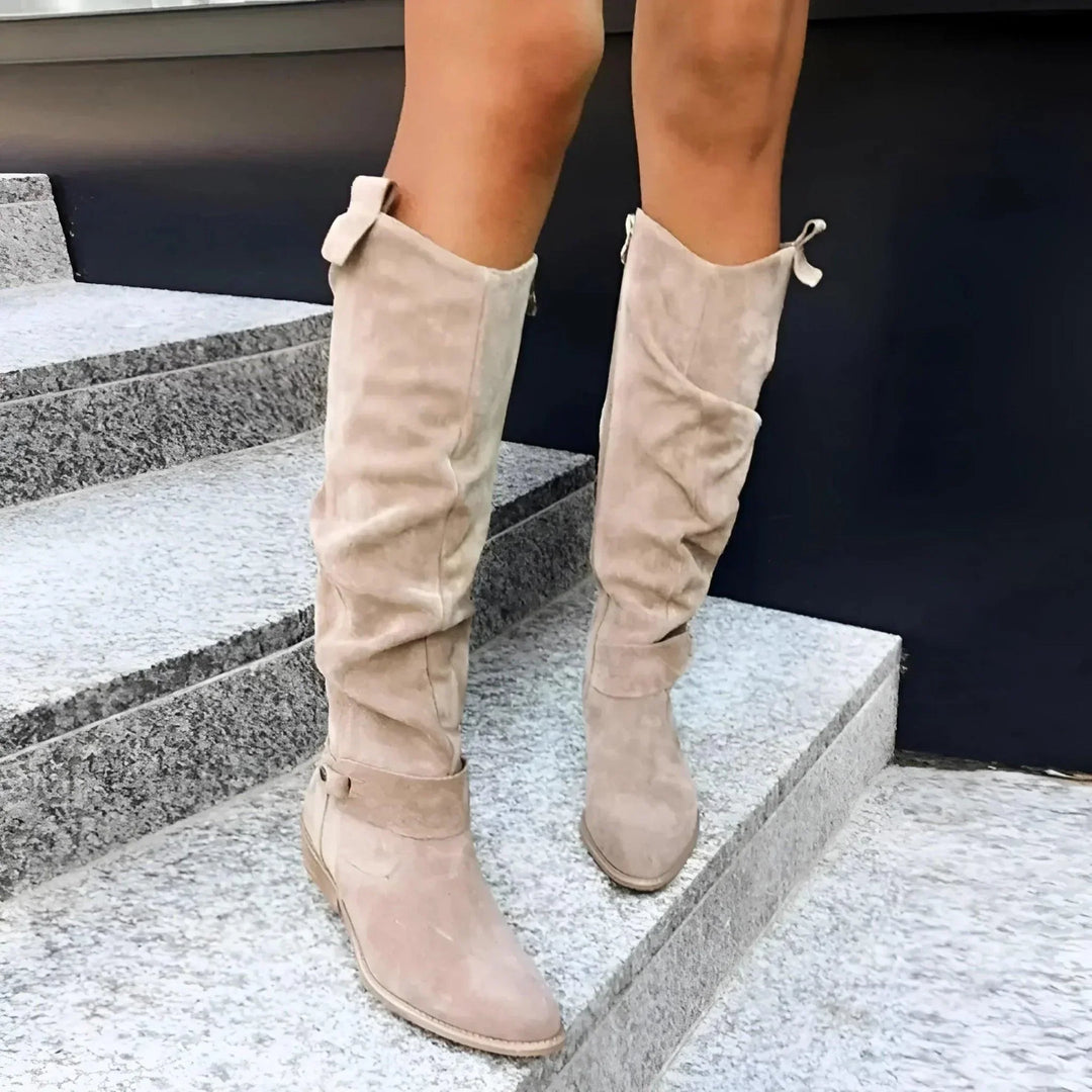Selvaine | Damen Kniehohe Stiefel Wildlederoptik - Taupe - Image 3