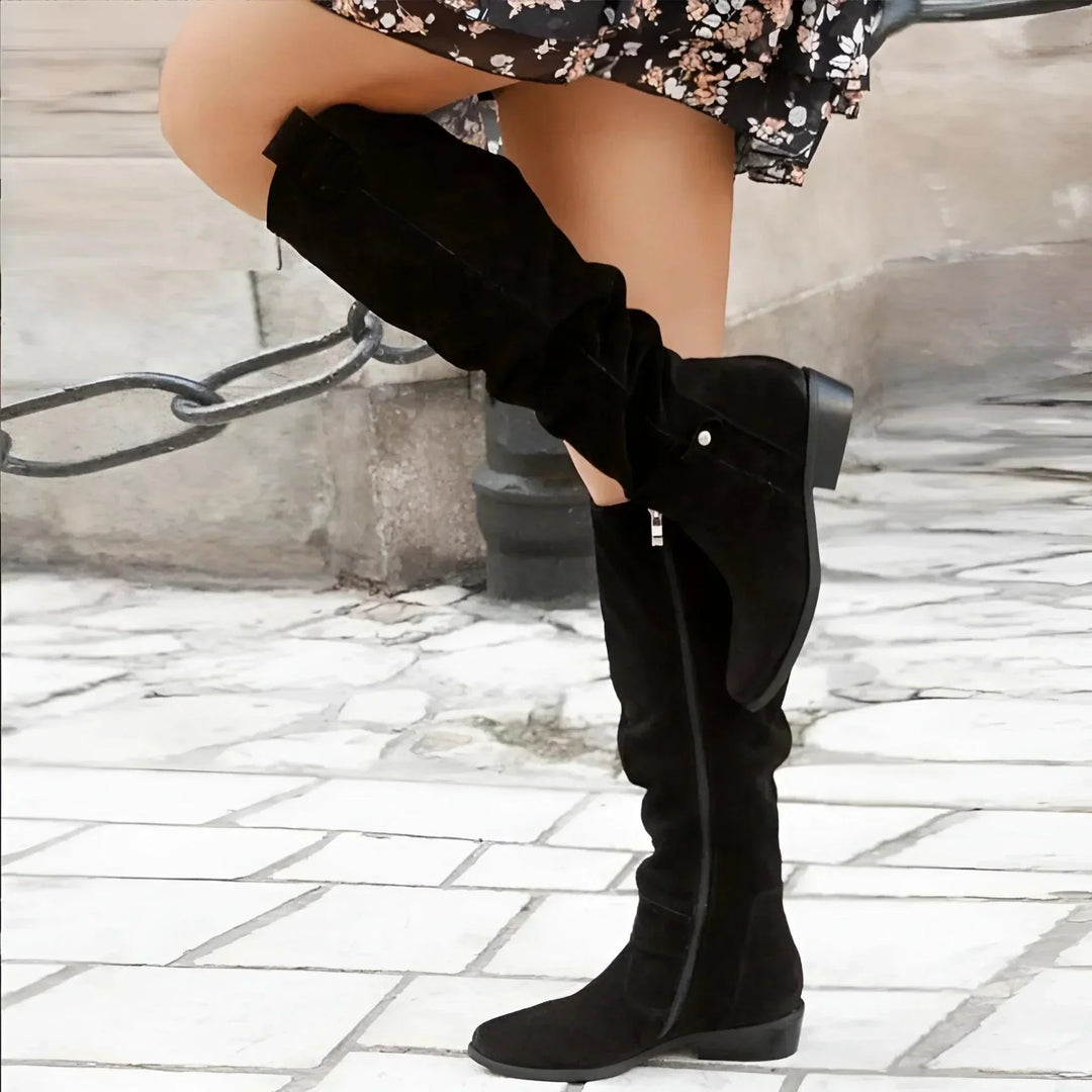 Selvaine | Damen Kniehohe Stiefel Wildlederoptik - Taupe - Image 8