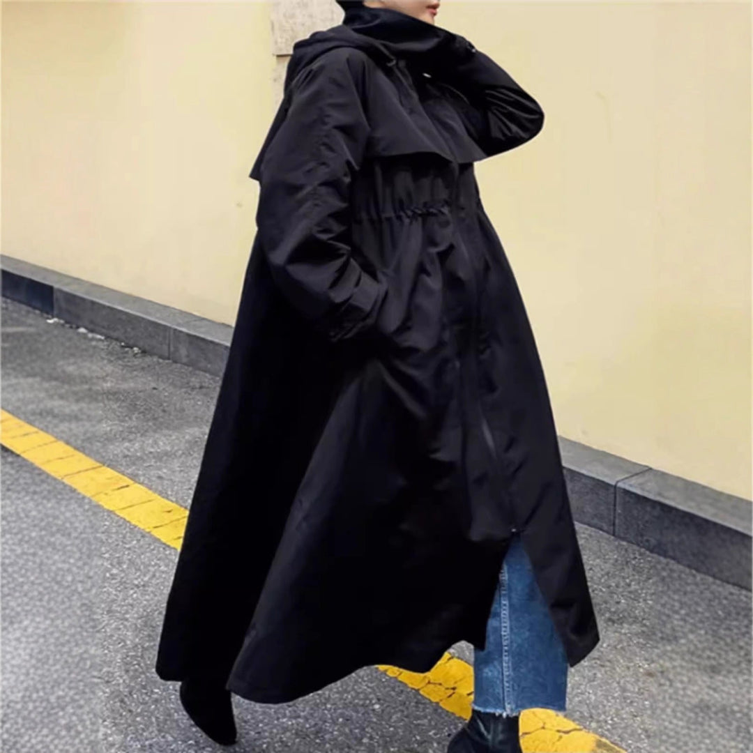 Selveka | Damen Langer Regenmantel mit Kapuze Oversize - Black - Image 2