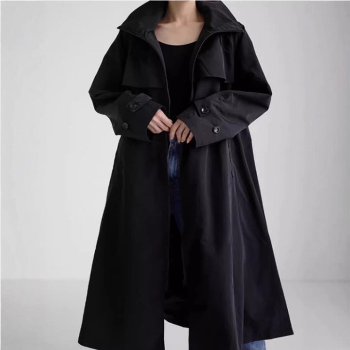 Selveka | Damen Langer Regenmantel mit Kapuze Oversize - Black - Image 3