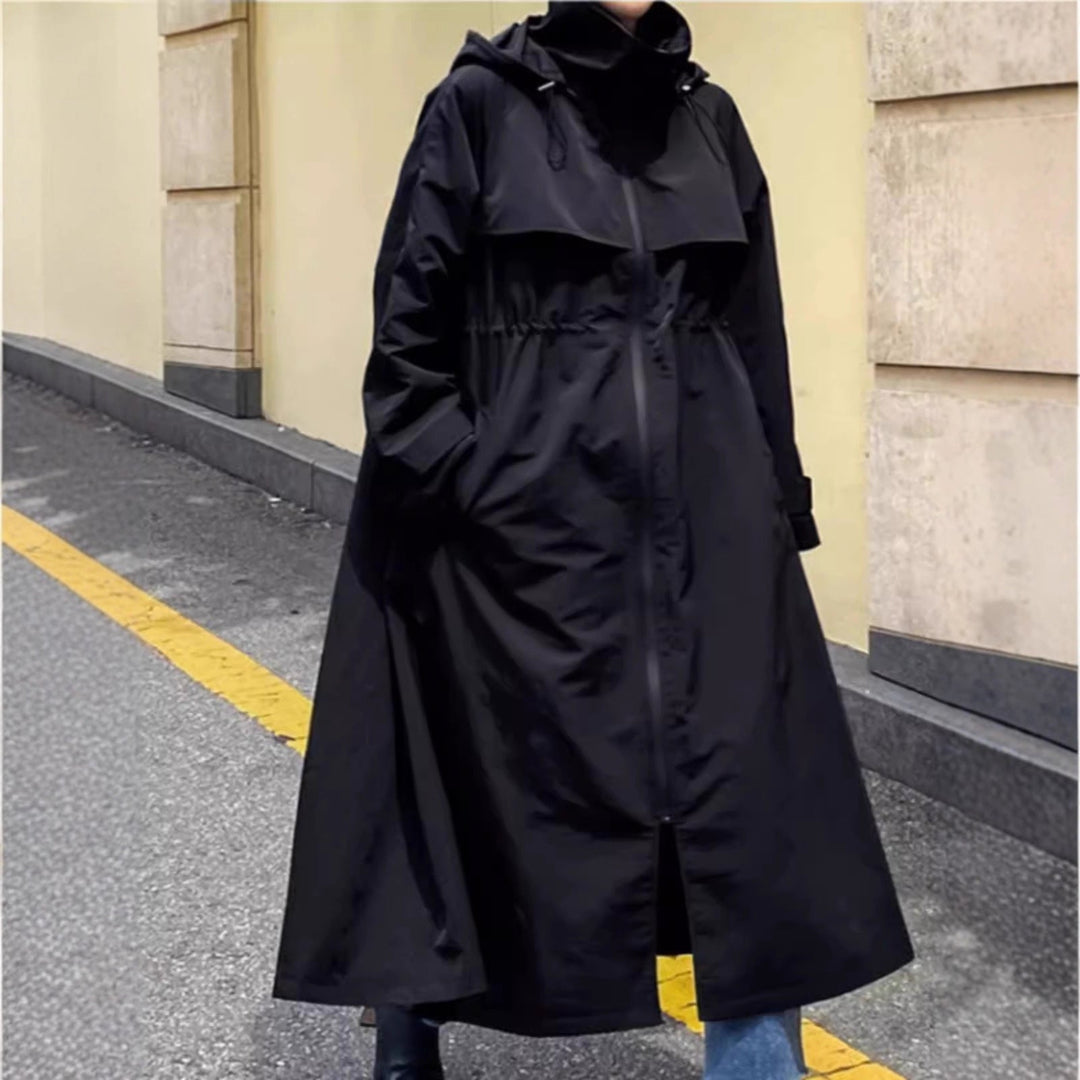 Selveka | Damen Langer Regenmantel mit Kapuze Oversize - Black - Image 4