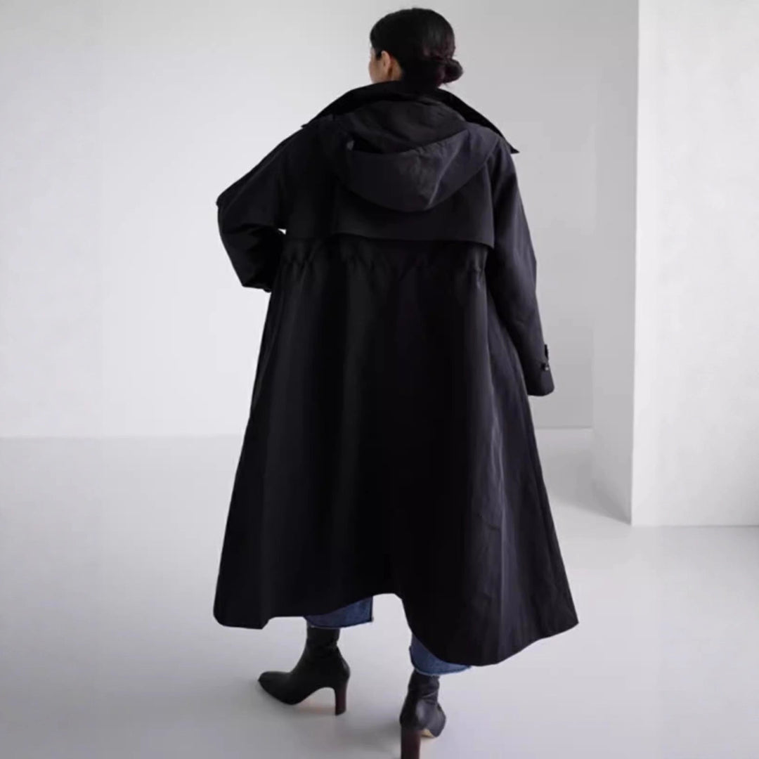 Selveka | Damen Langer Regenmantel mit Kapuze Oversize - Black - Image 5