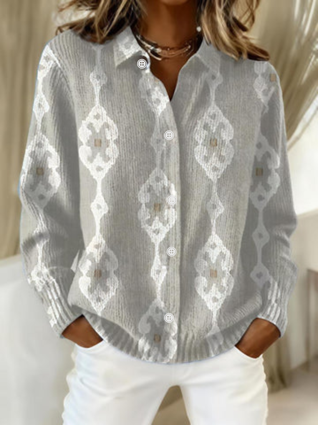 Selvinde | Damen Strickjacke Geometrisches Muster - Light Grey - Image 1