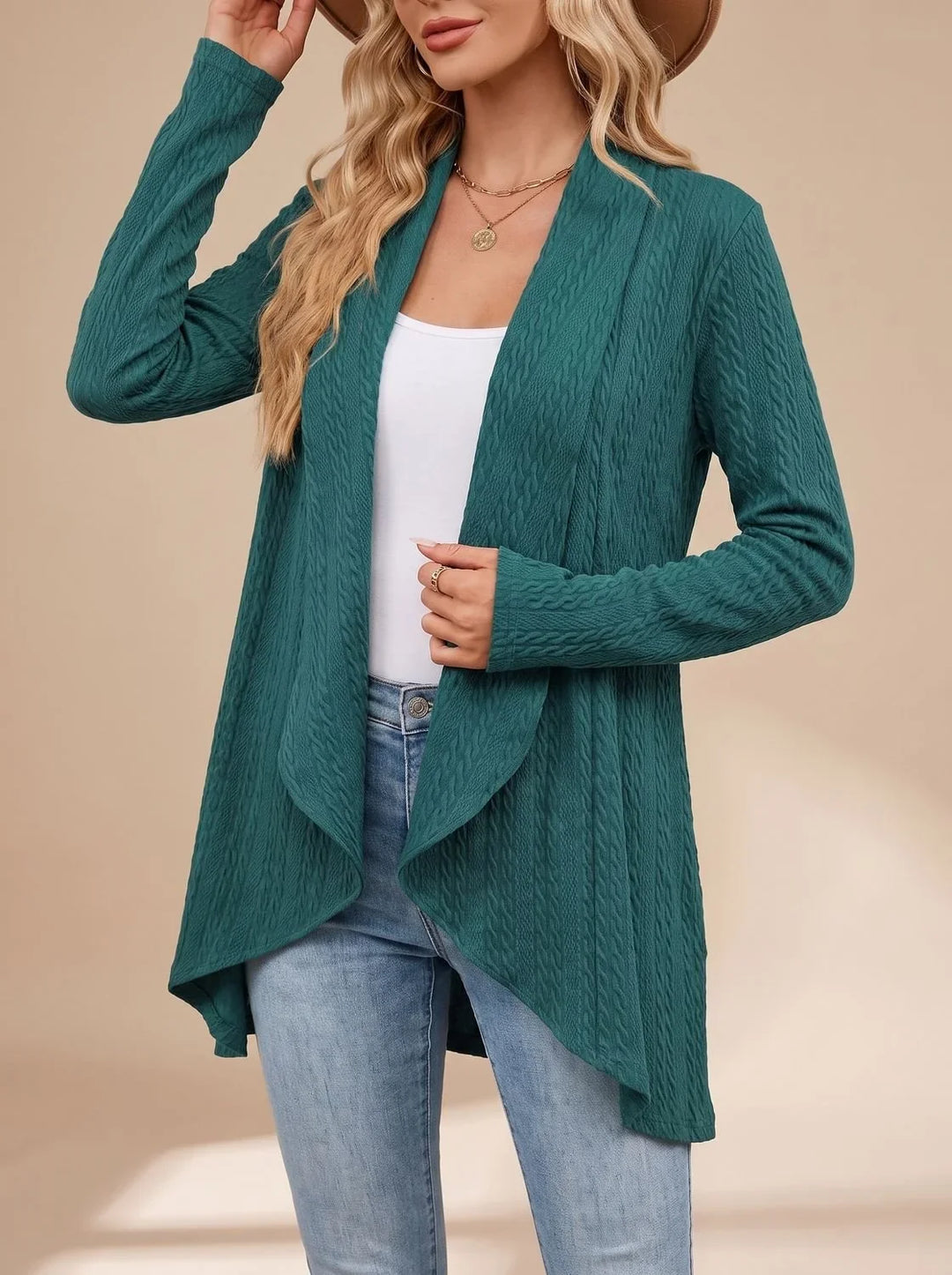 Selvonda | Damen Strickjacke Offene Front Zopfmuster - Image 1
