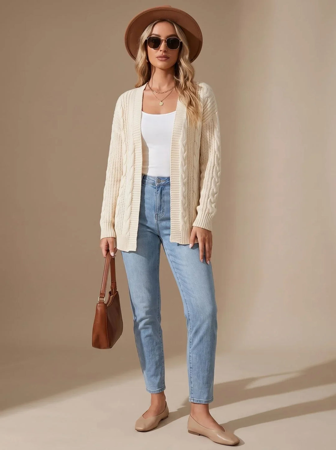 Selvonda | Damen Strickjacke Offene Front Zopfmuster - Image 3