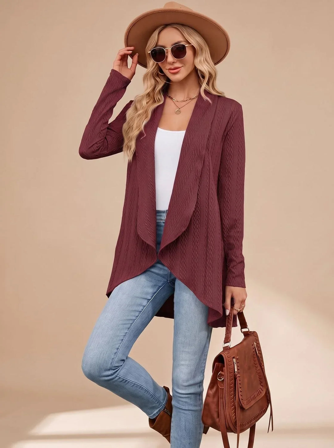 Selvonda | Damen Strickjacke Offene Front Zopfmuster - Image 7