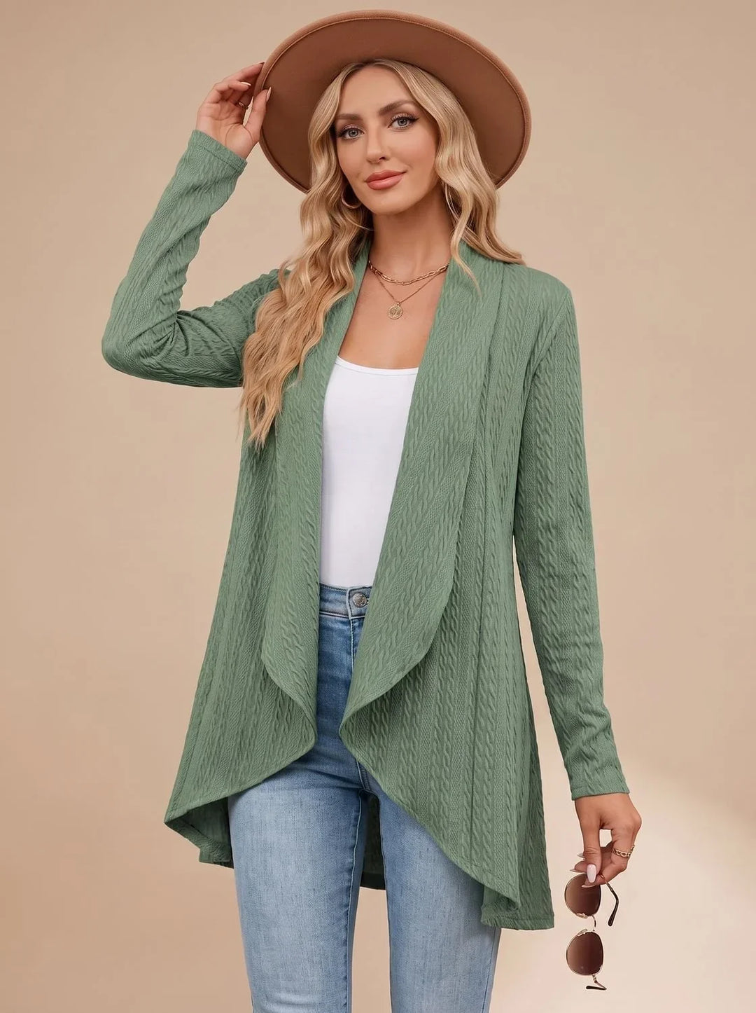 Selvonda | Damen Strickjacke Offene Front Zopfmuster - Image 8