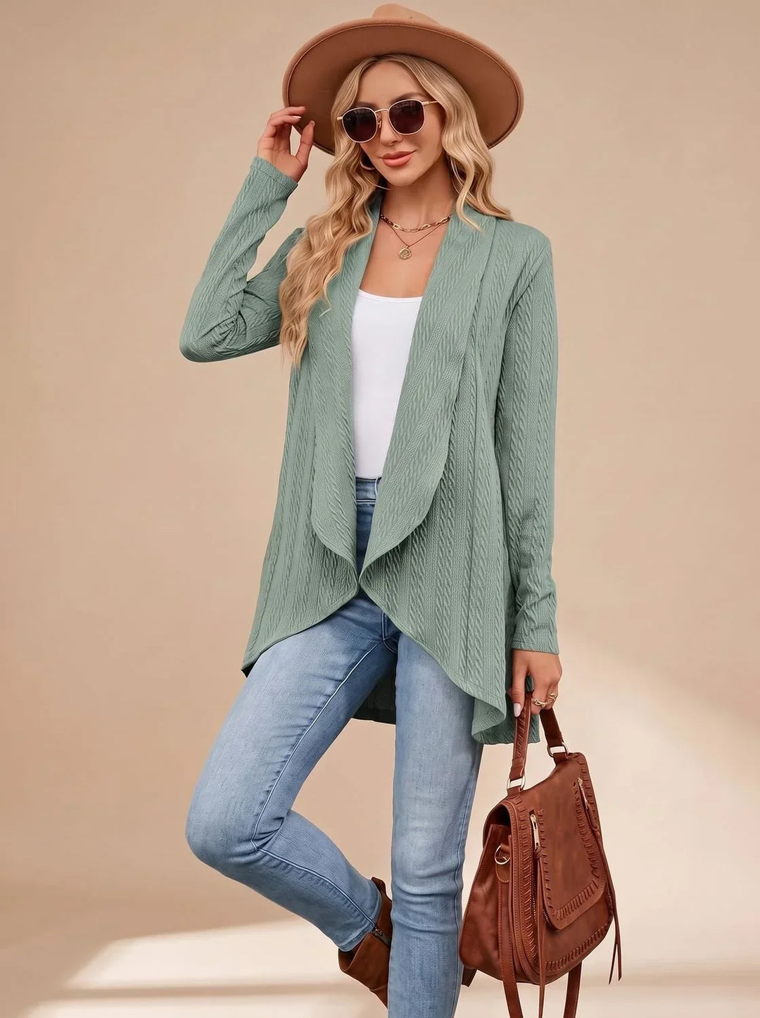 Selvonda | Damen Strickjacke Offene Front Zopfmuster - Image 9