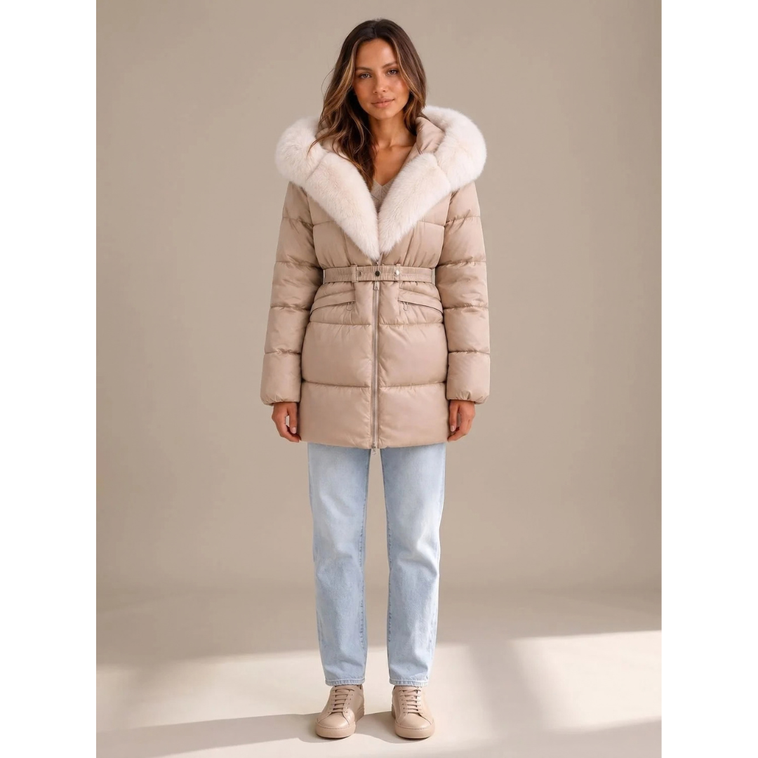 Selvorna | Damen Winterjacke mit Kapuze und Gürtel - Beige - Image 1
