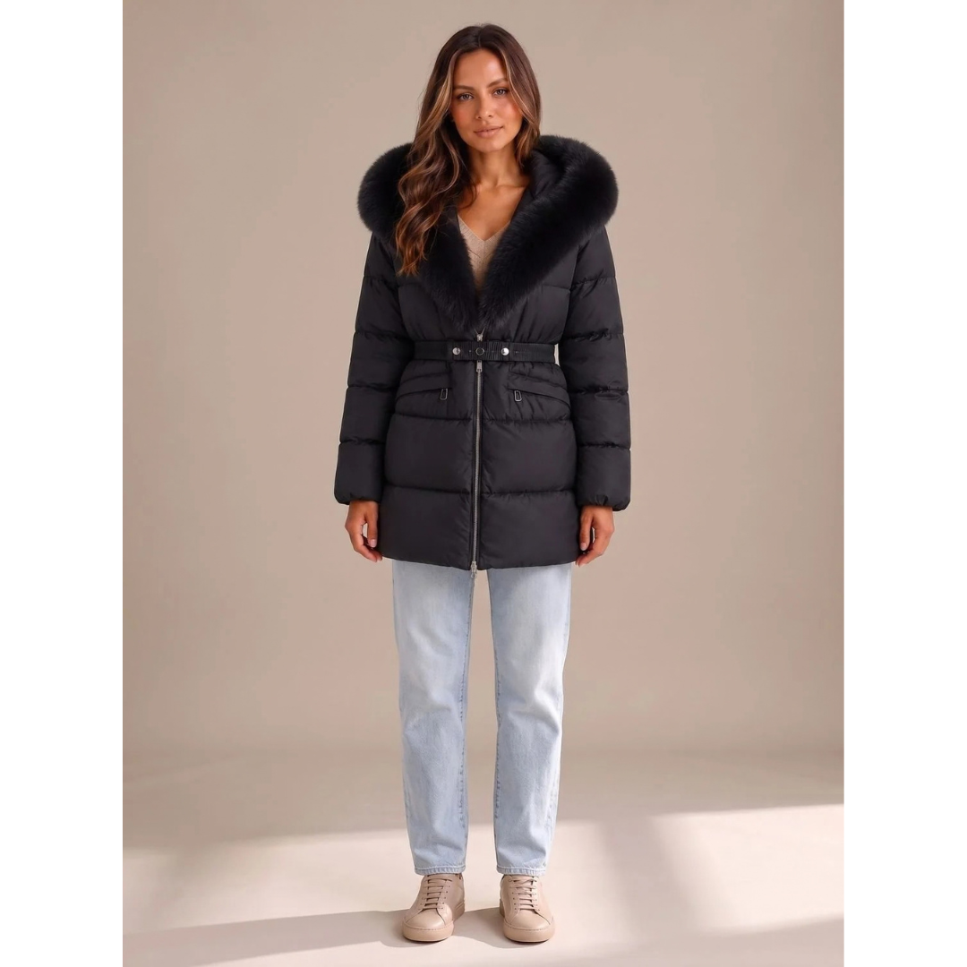 Selvorna | Damen Winterjacke mit Kapuze und Gürtel - Beige - Image 3