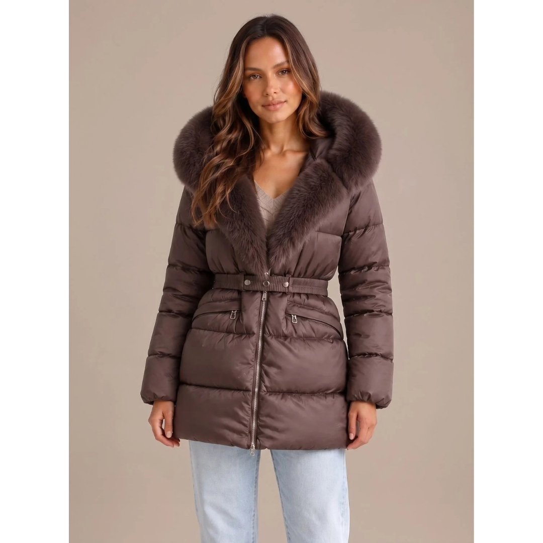 Selvorna | Damen Winterjacke mit Kapuze und Gürtel - Beige - Image 4