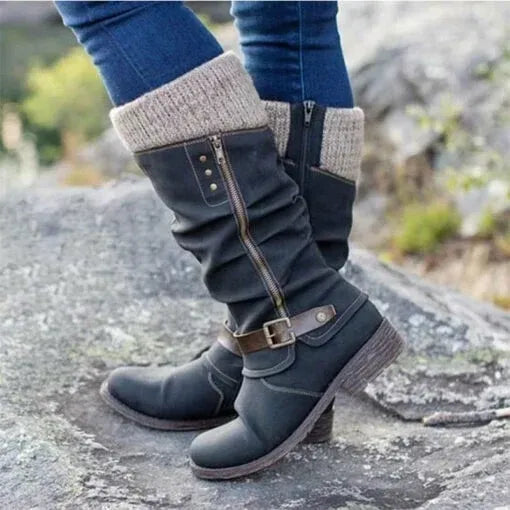 Selvunde | Damen Kniehohe Stiefel mit Strickbündchen - Black - Image 1