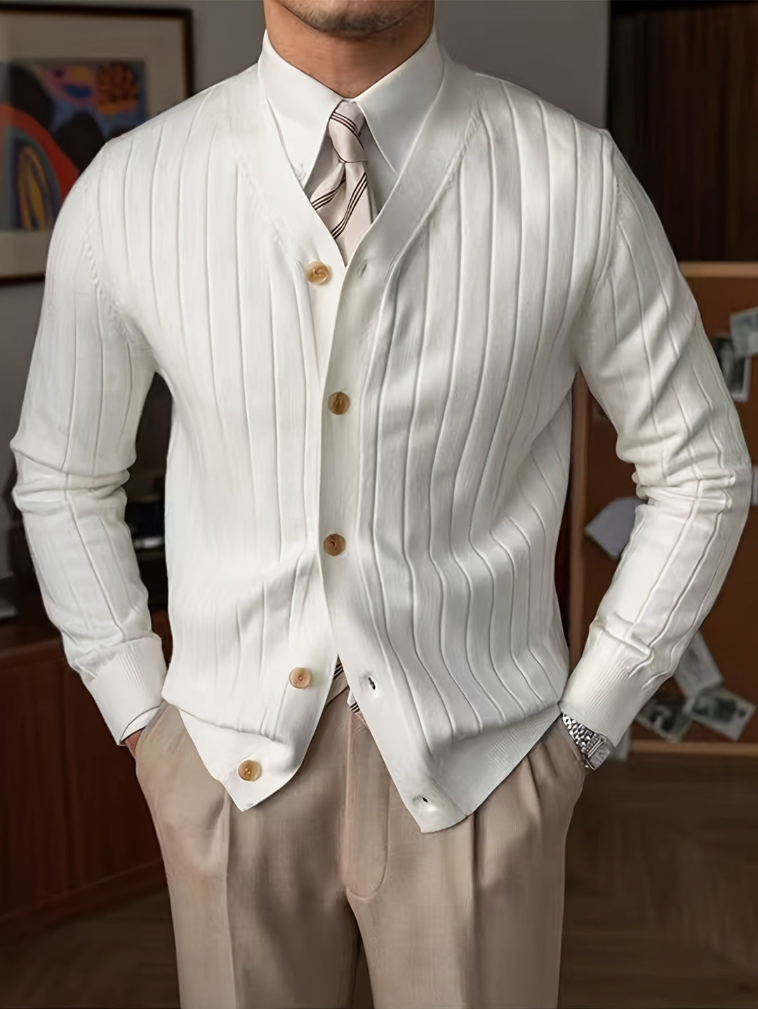 Siegvorn | Herren Strickjacke V-Ausschnitt Rippenmuster - White - Image 2