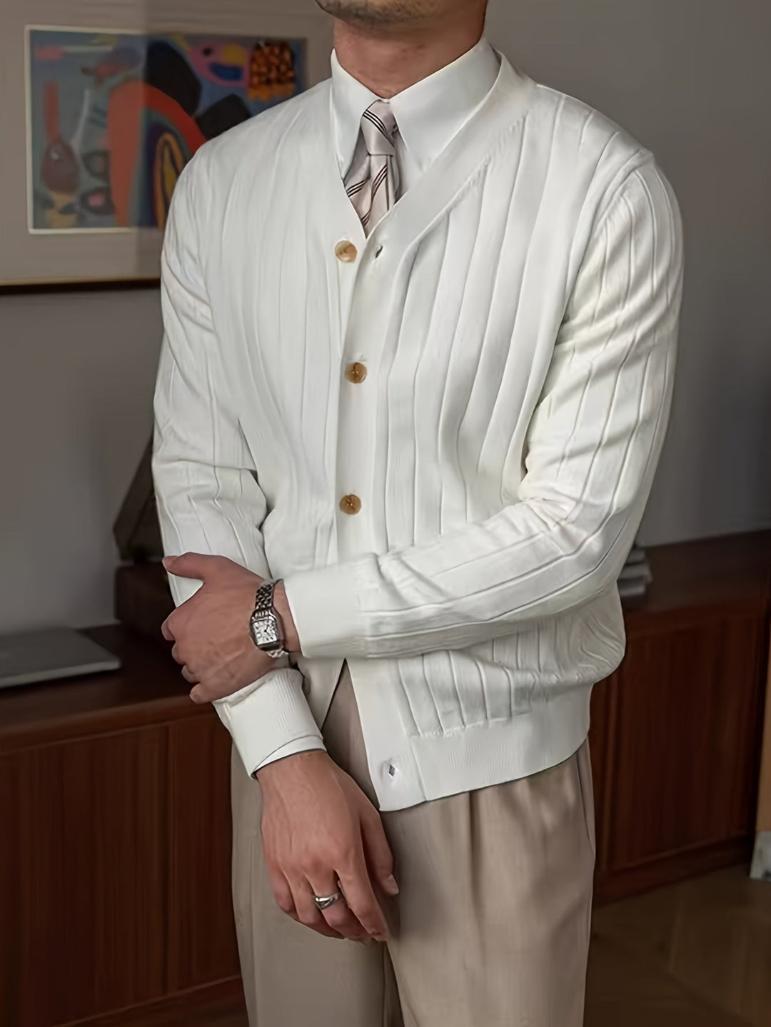 Siegvorn | Herren Strickjacke V-Ausschnitt Rippenmuster - White - Image 4
