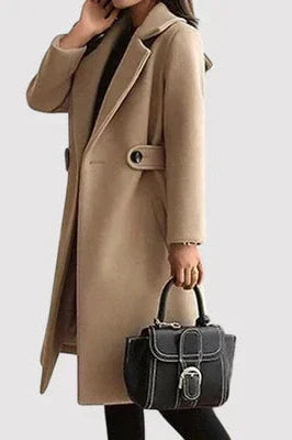 Solène | Damen Langer Wintermantel mit Gürtel - Camel - Image 3