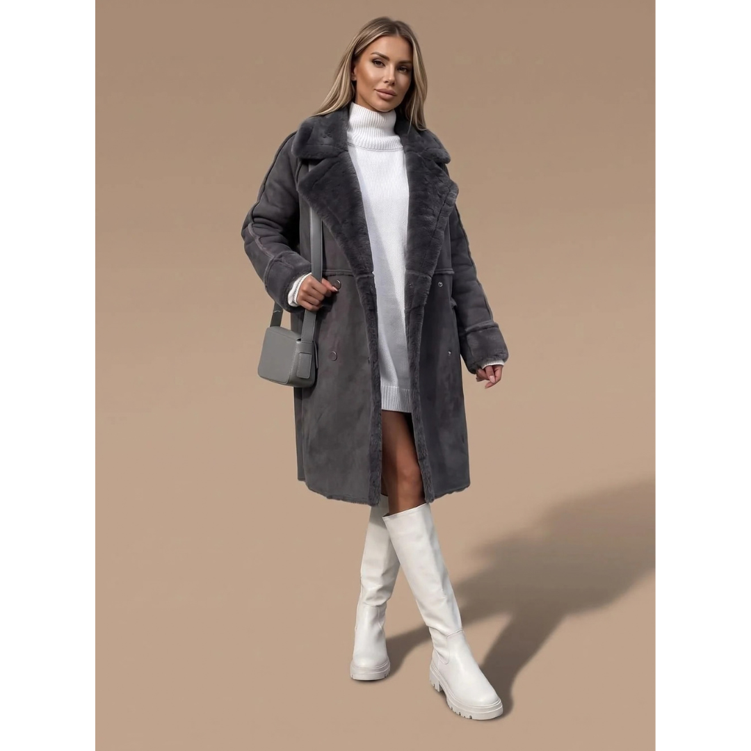 Solveika | Damen Winterjacke Kunstfell Langer Mantel - Cream - Image 2