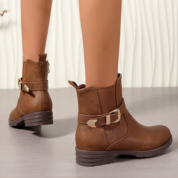 Solveka | Damen Stiefeletten Westernschnalle Blockabsatz - Brown - Image 1