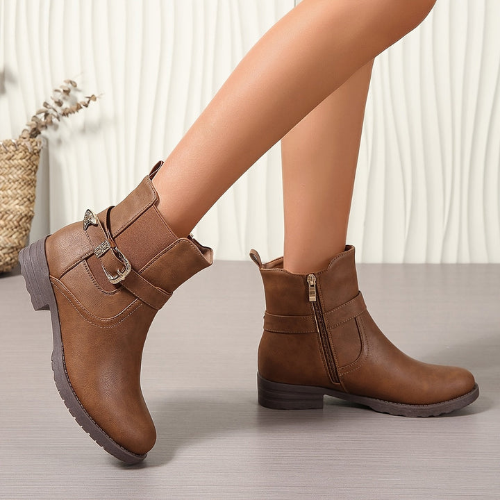 Solveka | Damen Stiefeletten Westernschnalle Blockabsatz - Brown - Image 2