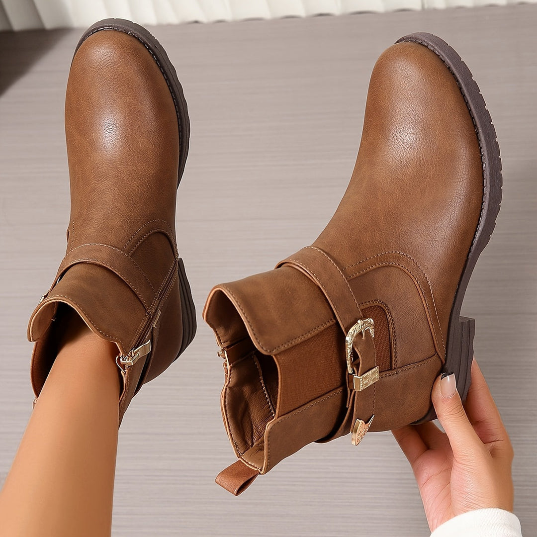 Solveka | Damen Stiefeletten Westernschnalle Blockabsatz - Brown - Image 4