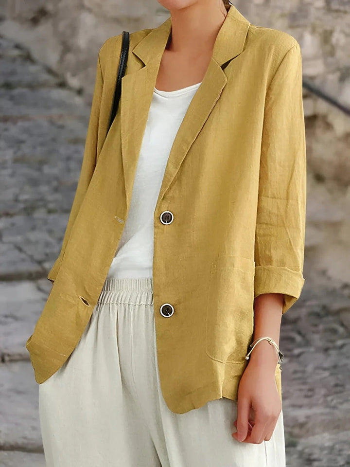 Solvika | Damen Leinenblazer Freizeitjacke - Mustard - Image 1