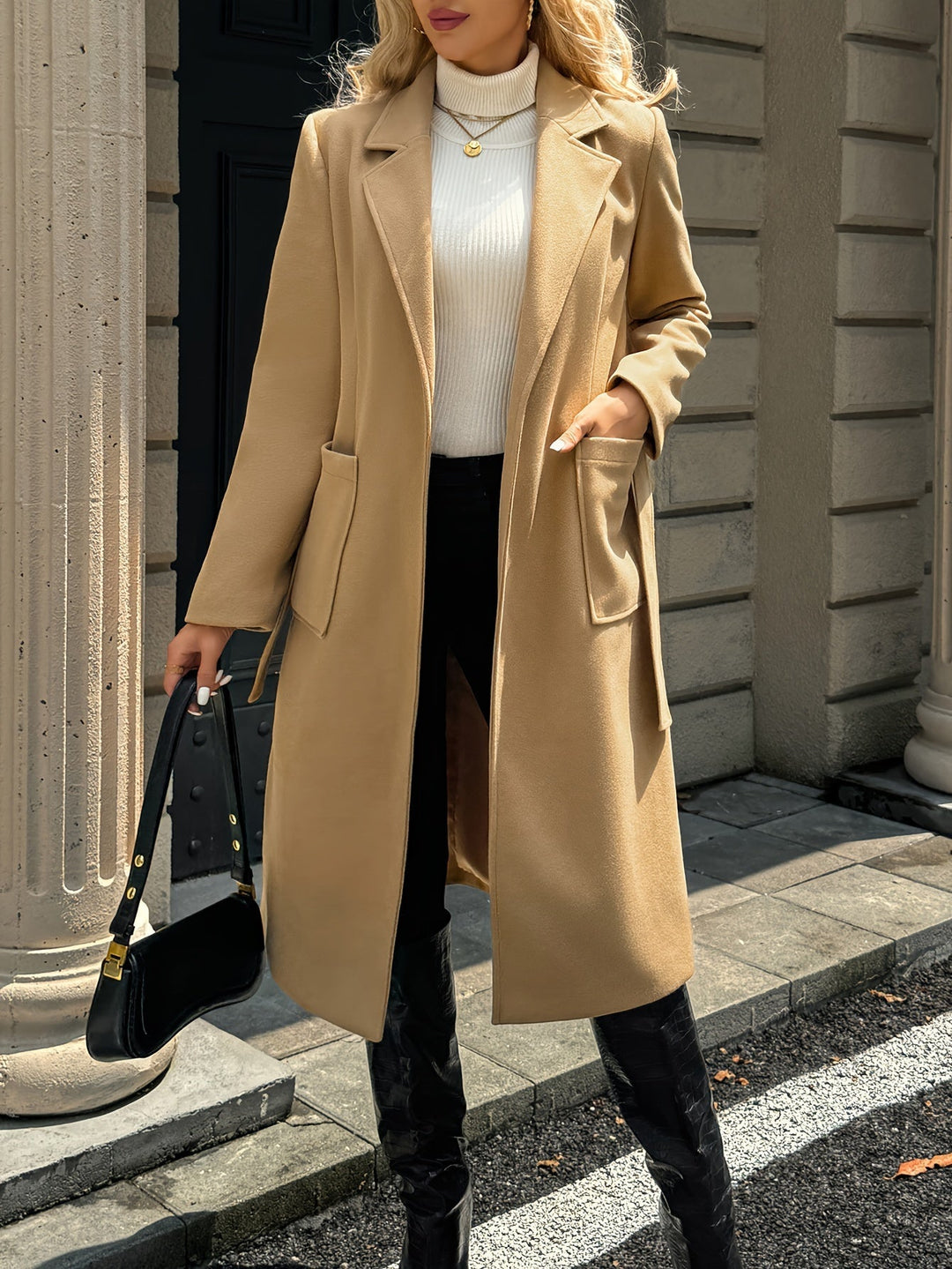 Soraya | Damen Wintermantel mit Gürtel - Camel - Image 4