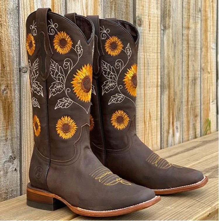 Sunvelde | Damen Westernstiefel Kniehoch Sonnenblumen - Camel - Image 2