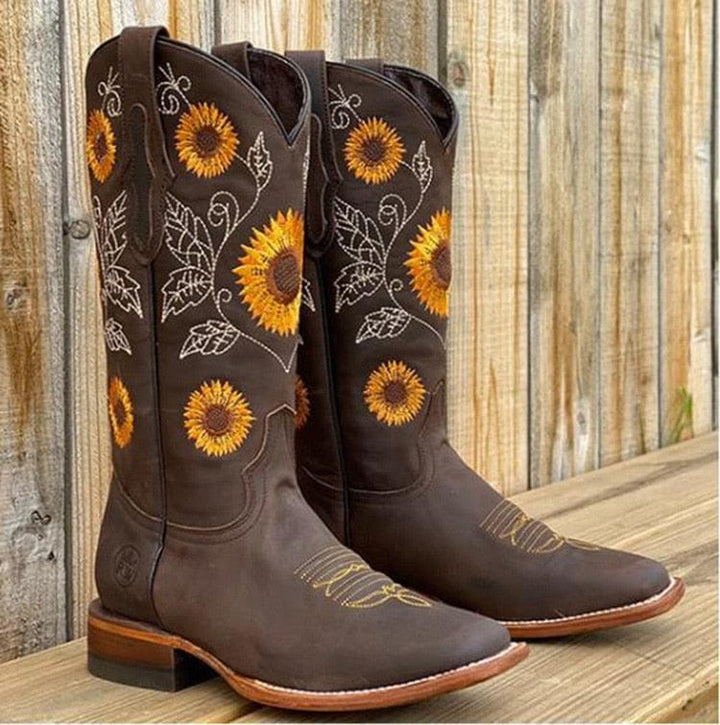 Sunvelde | Damen Westernstiefel Kniehoch Sonnenblumen - Camel - Image 2