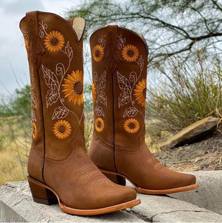 Sunvelde | Damen Westernstiefel Kniehoch Sonnenblumen - Camel - Image 3