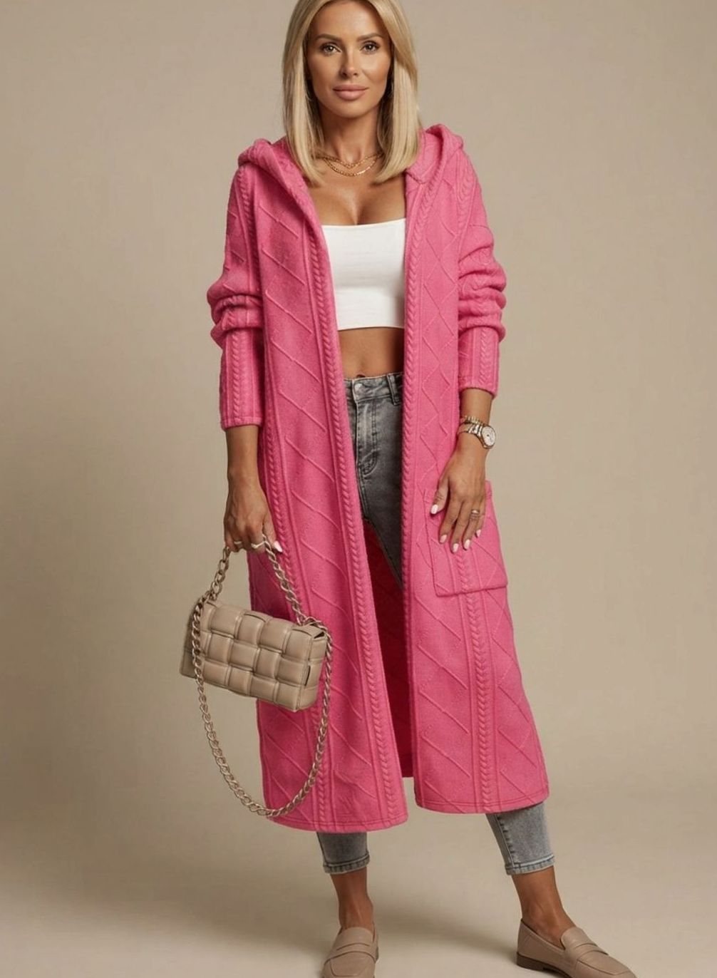 Sylvonda | Damen Lange Strickjacke Übergangsjacke mit Kapuze - Pink - Image 1