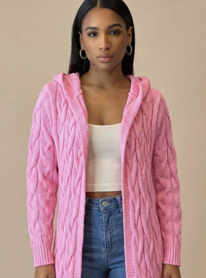 Sylvonda | Damen Lange Strickjacke Übergangsjacke mit Kapuze - Pink - Image 5