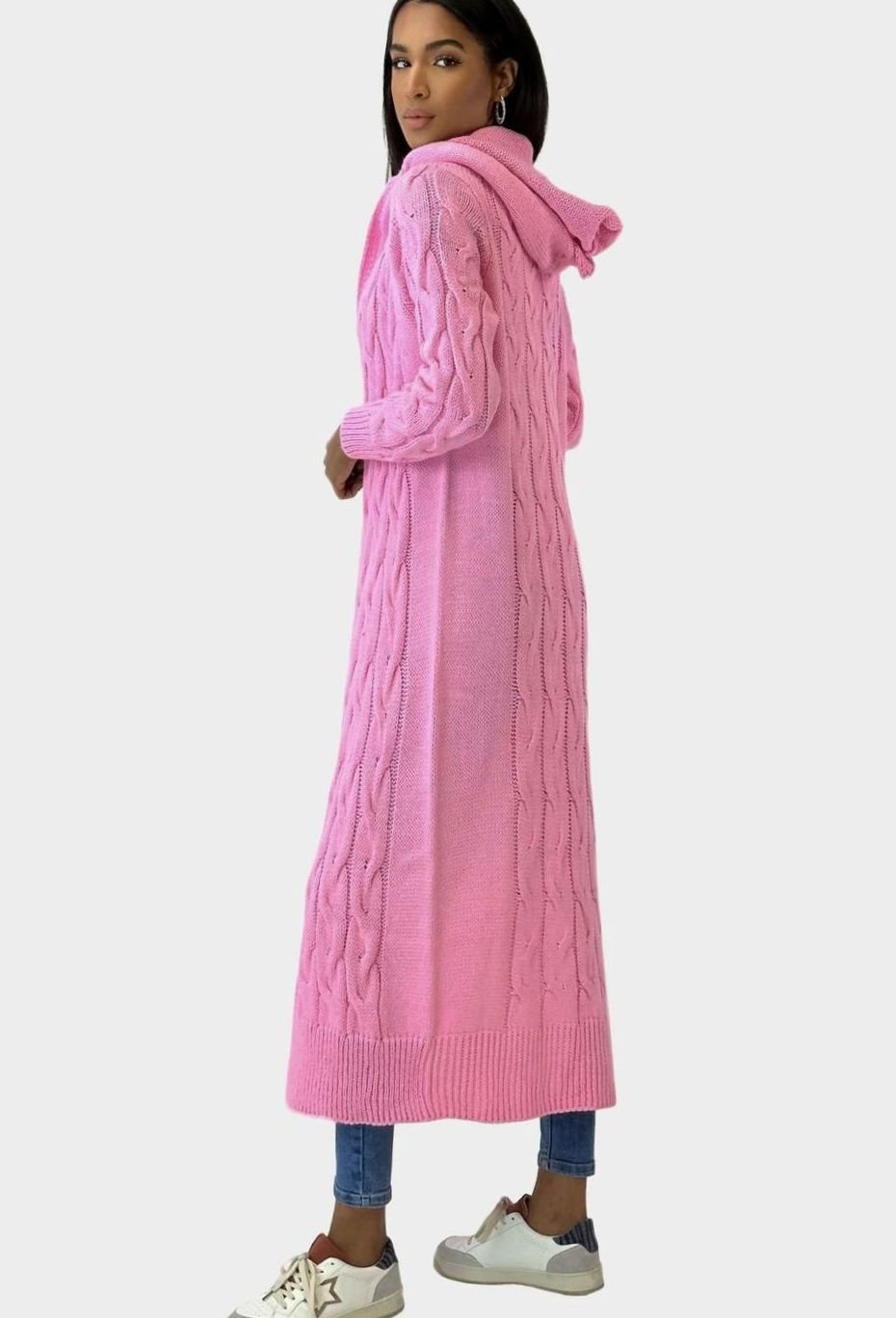Sylvonda | Damen Lange Strickjacke Übergangsjacke mit Kapuze - Pink - Image 6