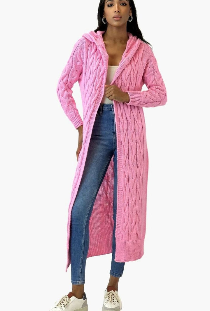 Sylvonda | Damen Lange Strickjacke Übergangsjacke mit Kapuze - Pink - Image 7