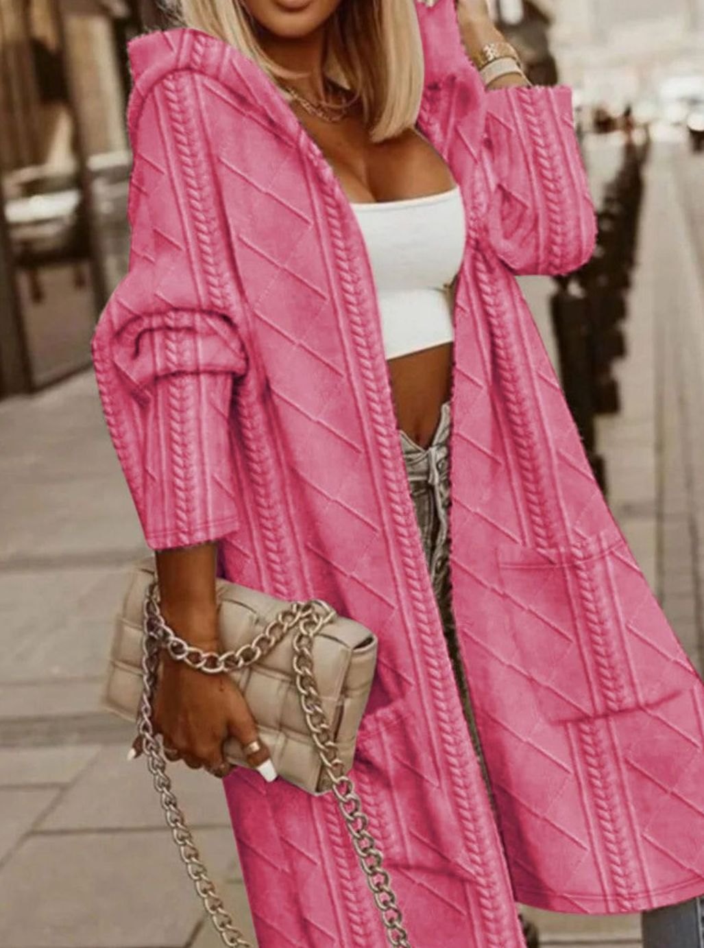 Sylvonda | Damen Lange Strickjacke Übergangsjacke mit Kapuze - Pink - Image 9